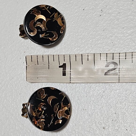 Vintage Black Gold Moons Foil Confetti Resin Clip On Earrings Retro Fashion - Picture 5 of 5
